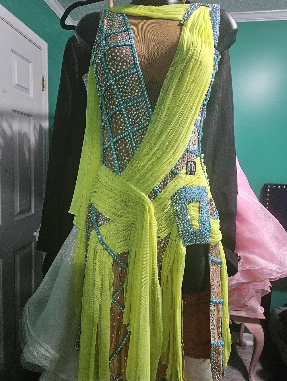 Sun Goddess Rhythm Competitiom Dress FB International Nude, Lime, Teal Swarovski